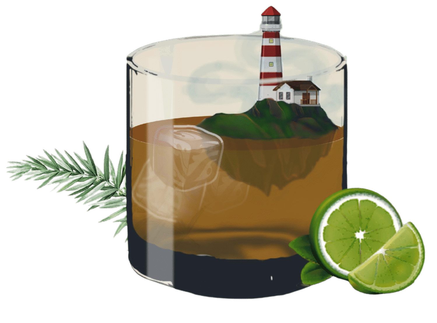 bartend long island logo with whiskey glass and fire island lighthouse in a glass with limes and rosemary on the side
